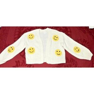 Luna Ivy Cardigan Womens M White Knit Open Front Smiley Face Oversized Boho